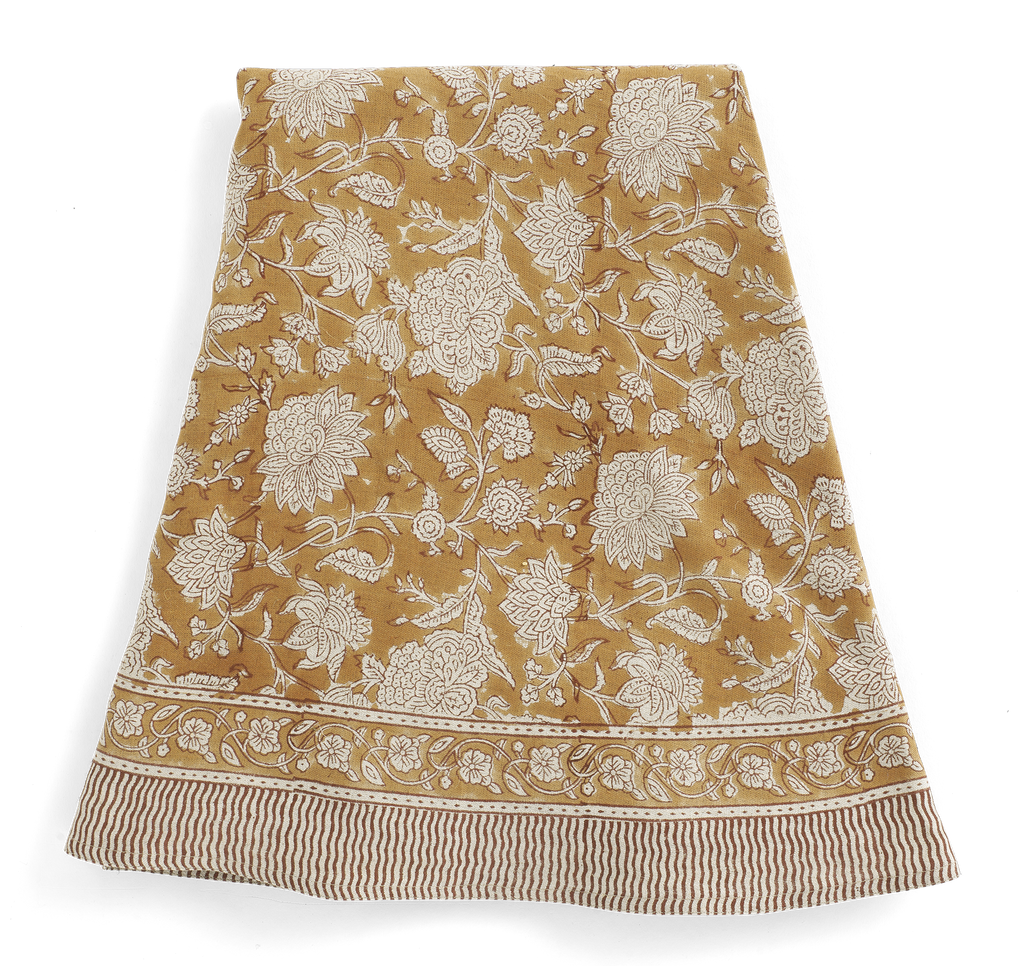 Round linen tablecloth with Indian Rose print in Ochre