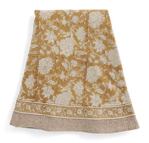 Round linen tablecloth with Indian Rose print in Ochre