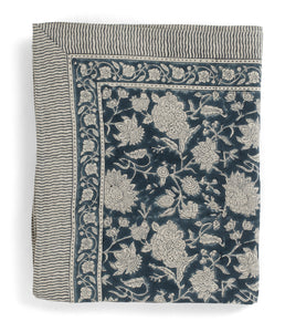 Linen Tablecloth with Indian Rose print in Denim Blue