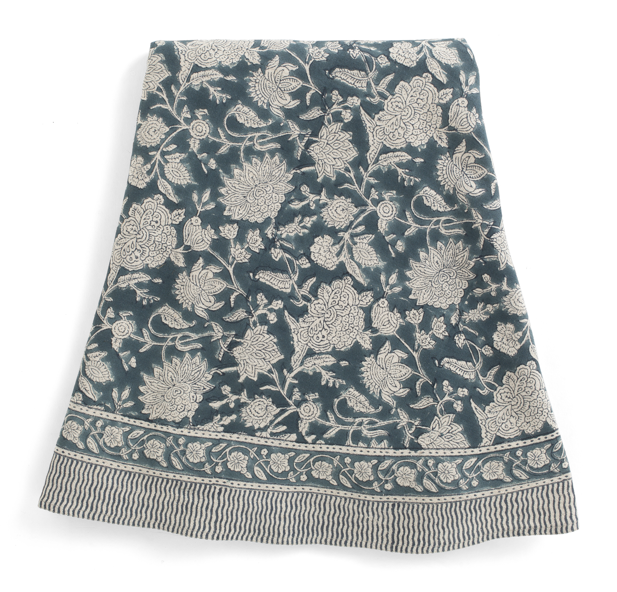 Linen Tablecloth with Indian Rose print in Denim Blue