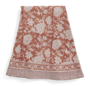 Round linen tablecloth with Indian Rose print in Terracotta