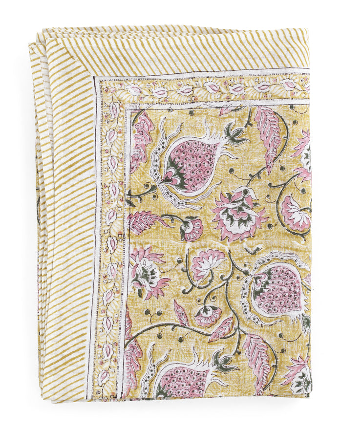 Linen tablecloth with Pomegranate print in Yellow & Rose