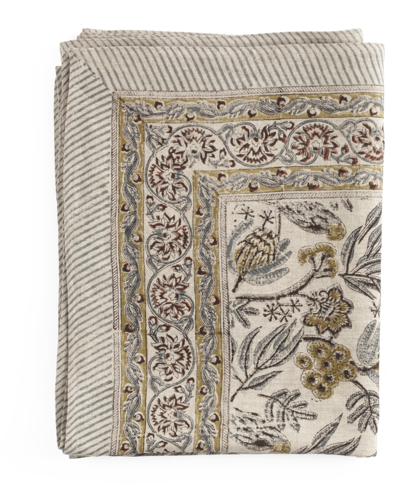 Linen Tablecloth with Parrot in Blue