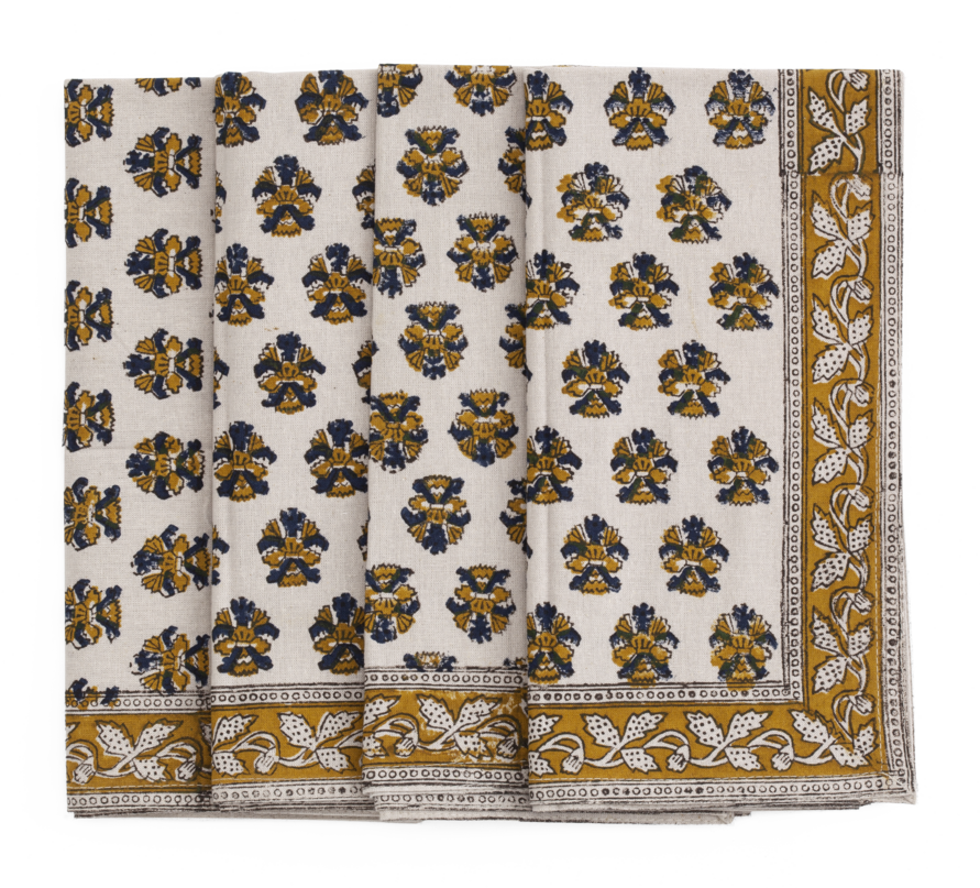 Napkins with Samode Butti in Ochre & Blue on natural base