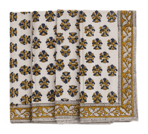 Napkins with Samode Butti in Ochre & Blue on natural base