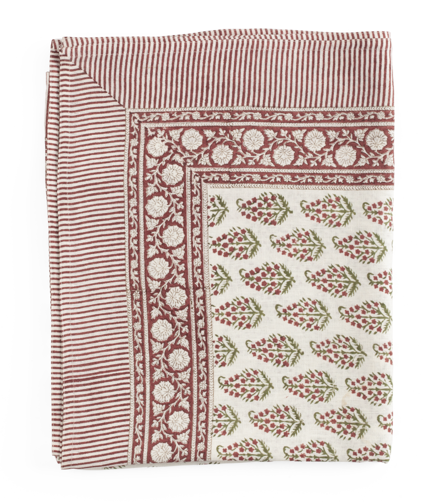 Linen Tablecloth with Persian Paisley in Red, Green & White