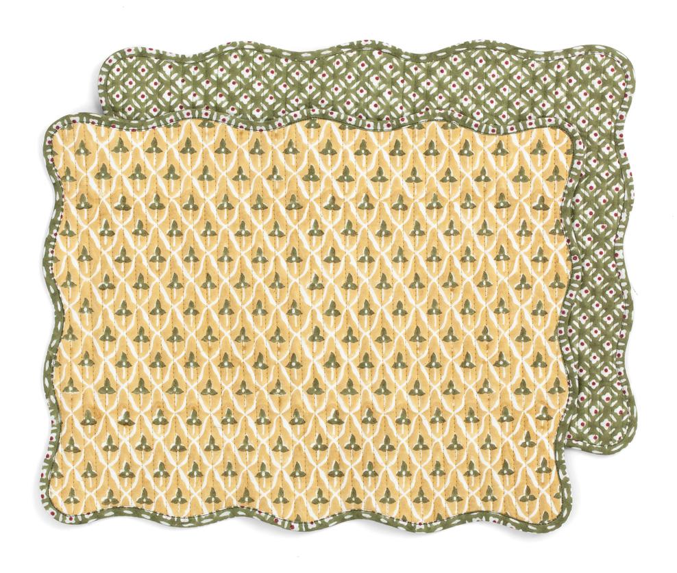 Quilted placemats with Tulip print in Green & Yellow