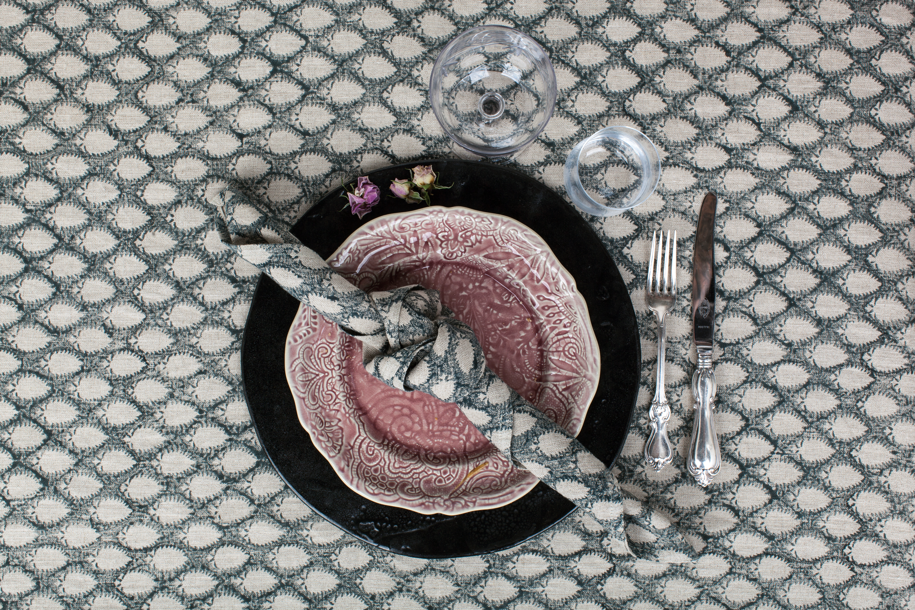 Round linen tablecloth with Cypress print in Navy Blue