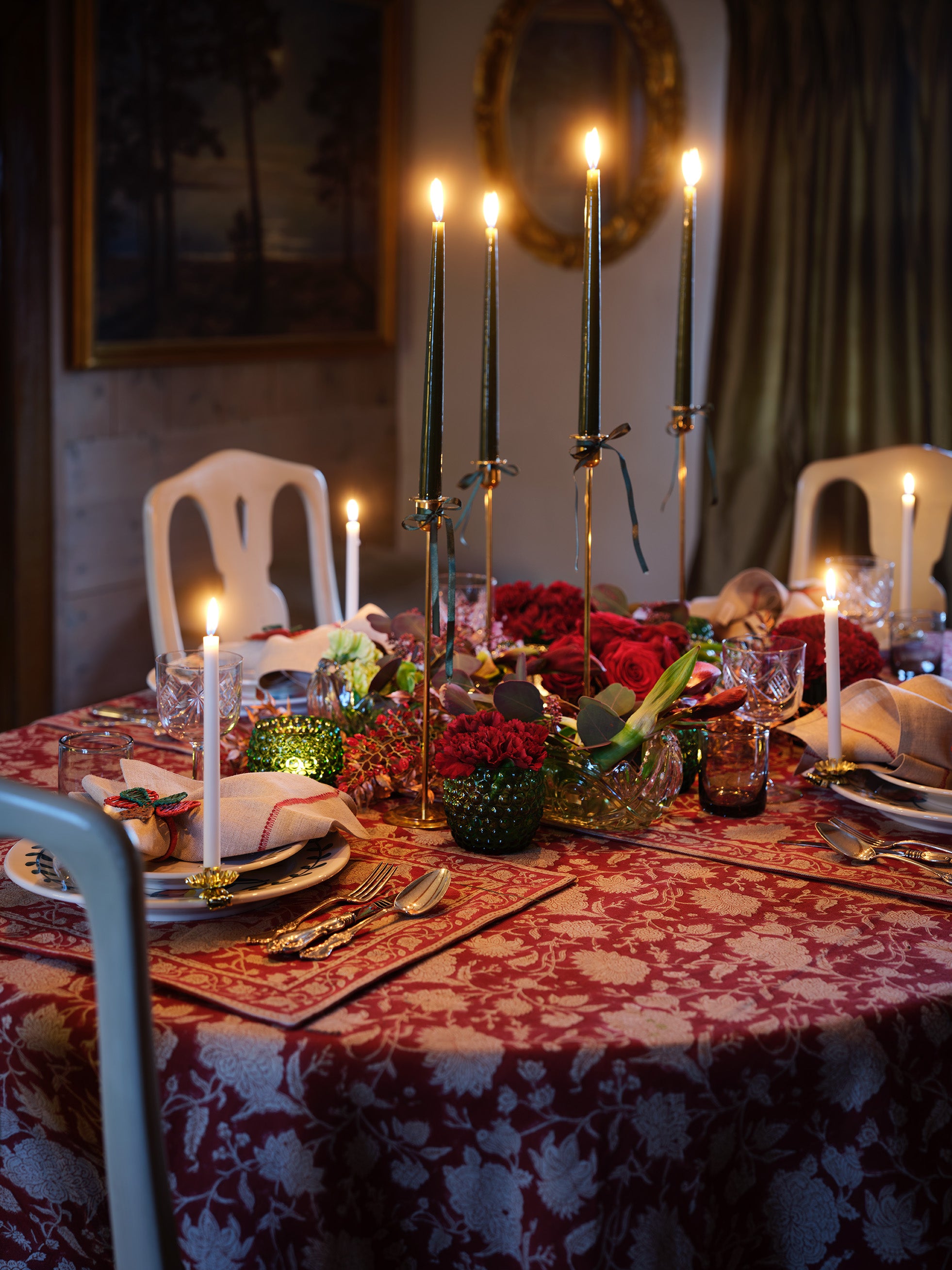 Linen Tablecloth with Indian Rose print in Red