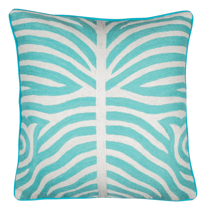Front of Zebra cushion in turquoise color