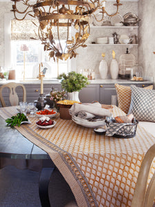 Linen tablecloth with Cypress print in Ochre