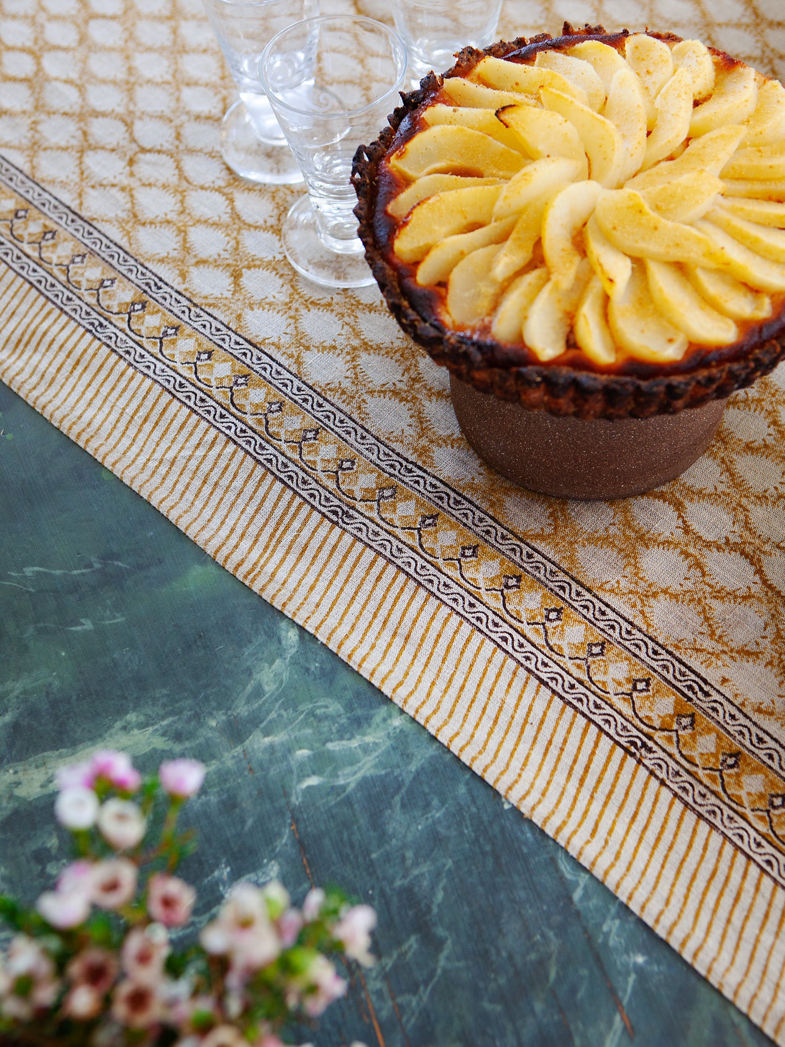 Linen tablecloth with Cypress print in Ochre