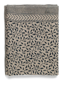 Linen tablecloth with Leaf print in Dark Blue