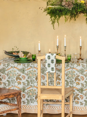 Linen tablecloth with Floral print in Ochre