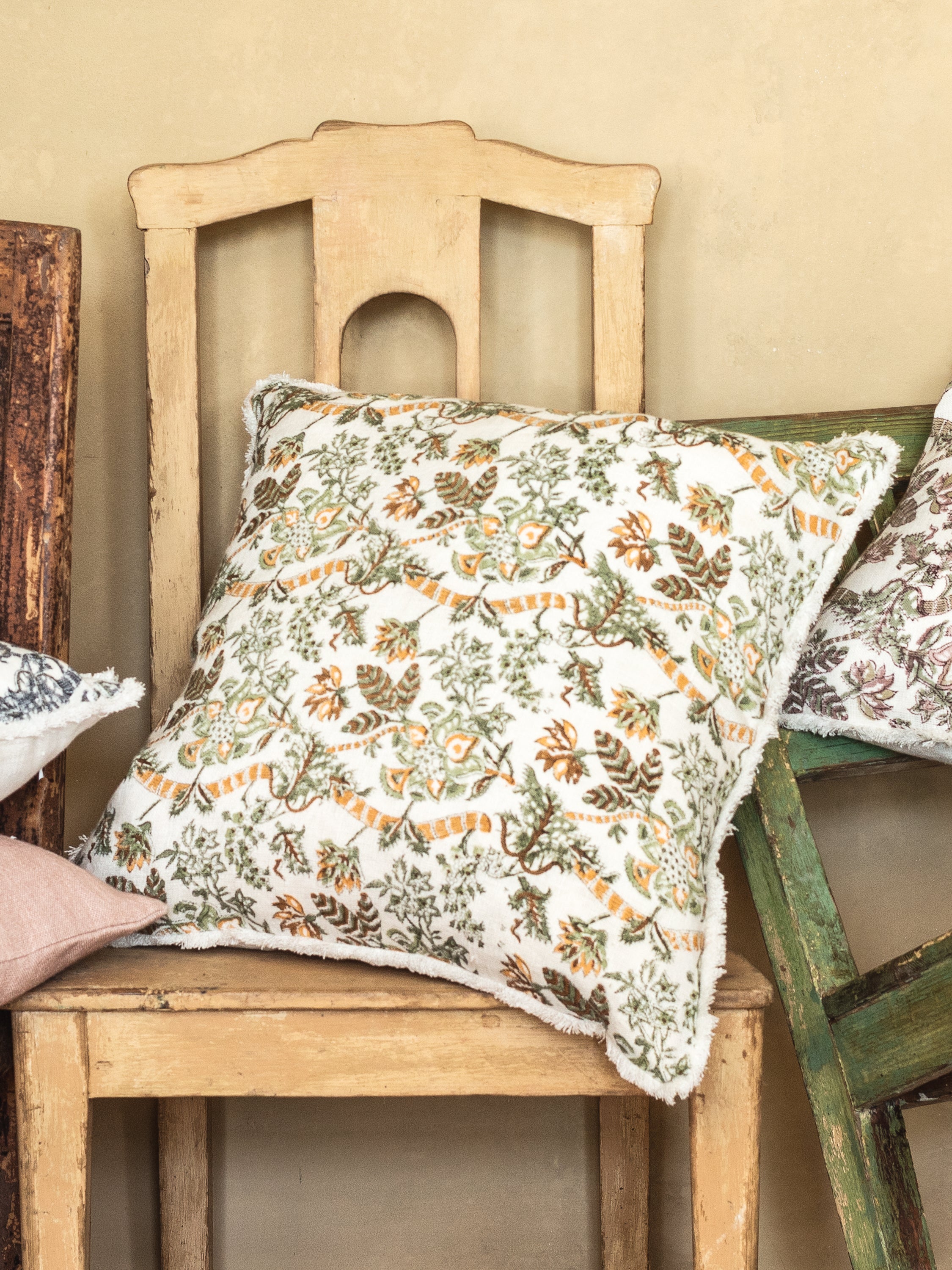 Linen cushion with Floral print in Ochre