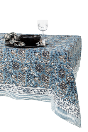 Linen tablecloth with Indian Summer print in Blue