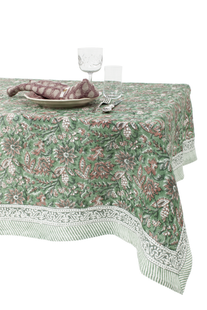 Linen tablecloth with Indian Summer print in Green