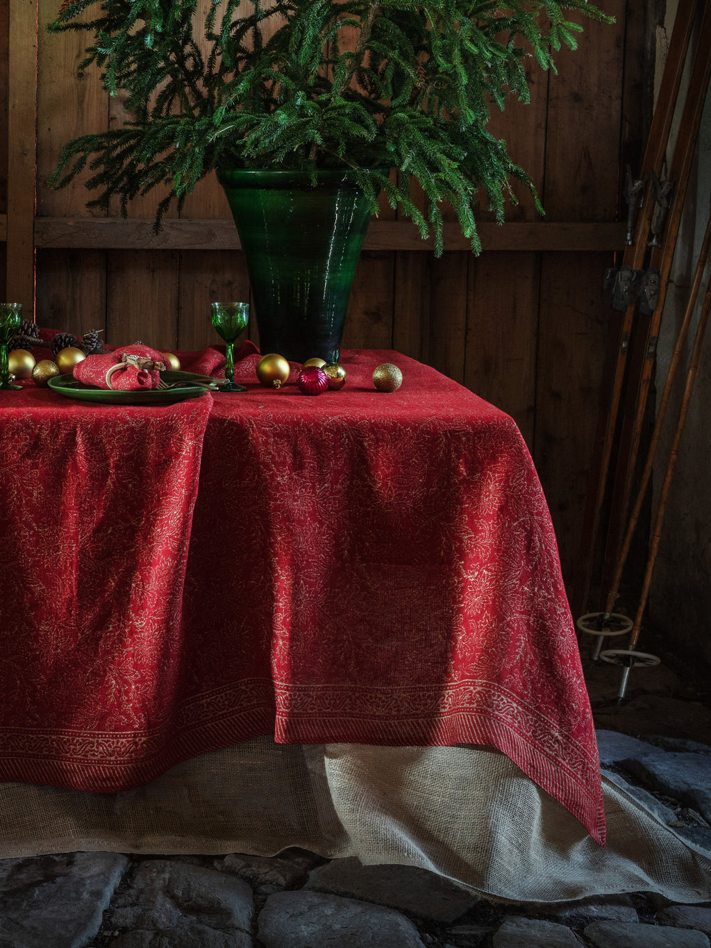 Red linen tablecloth with Gold print