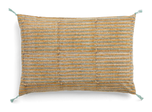 Cushion with tassels in Ochre Leaf print