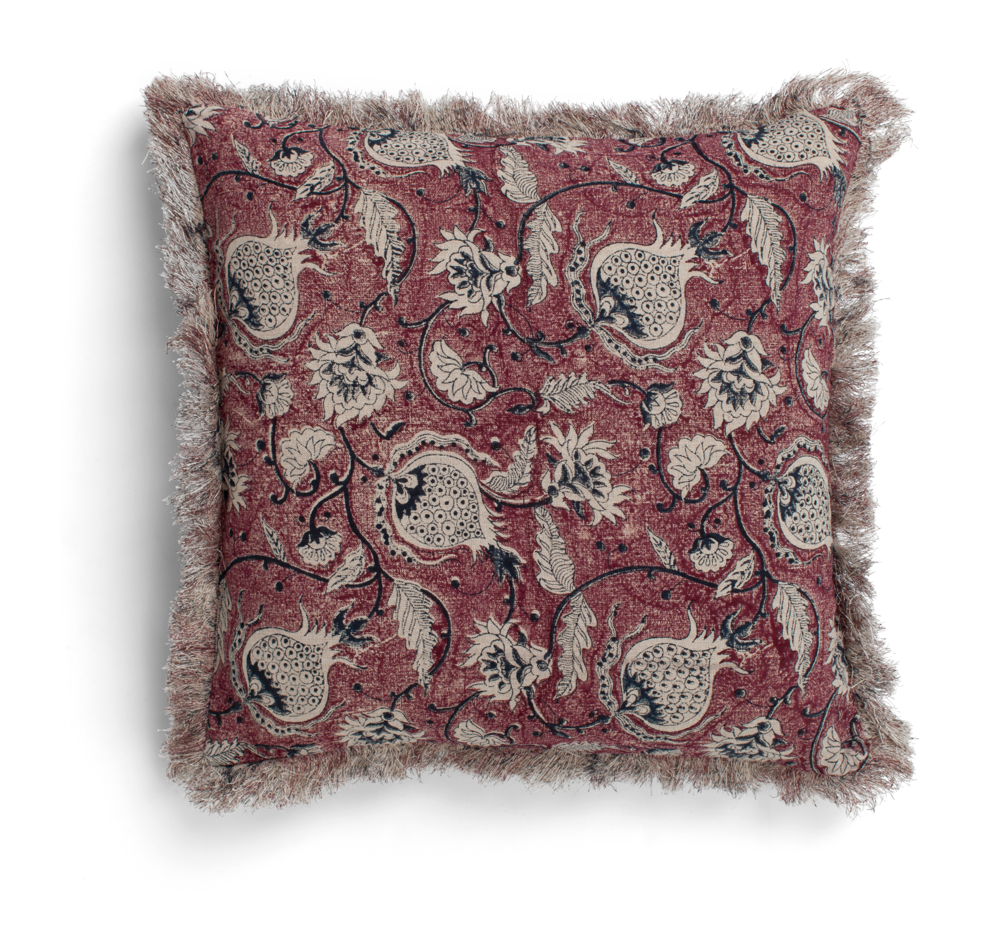 Linen cushion with Pomegranate print in Burgundy