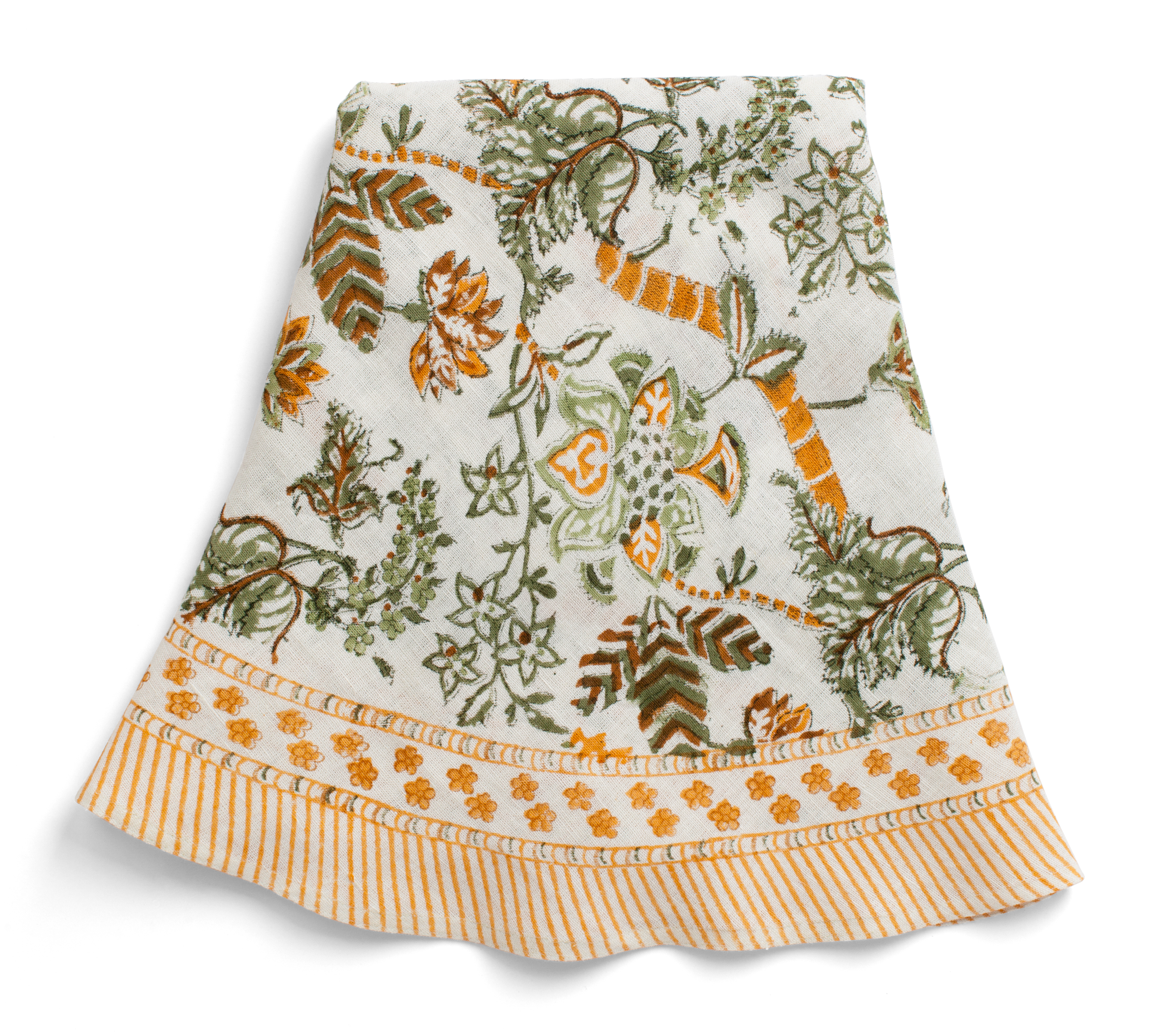 Round linen tablecloth with Floral print in Ochre