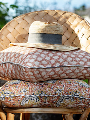 Linen cushion with Oriental print in Mustard