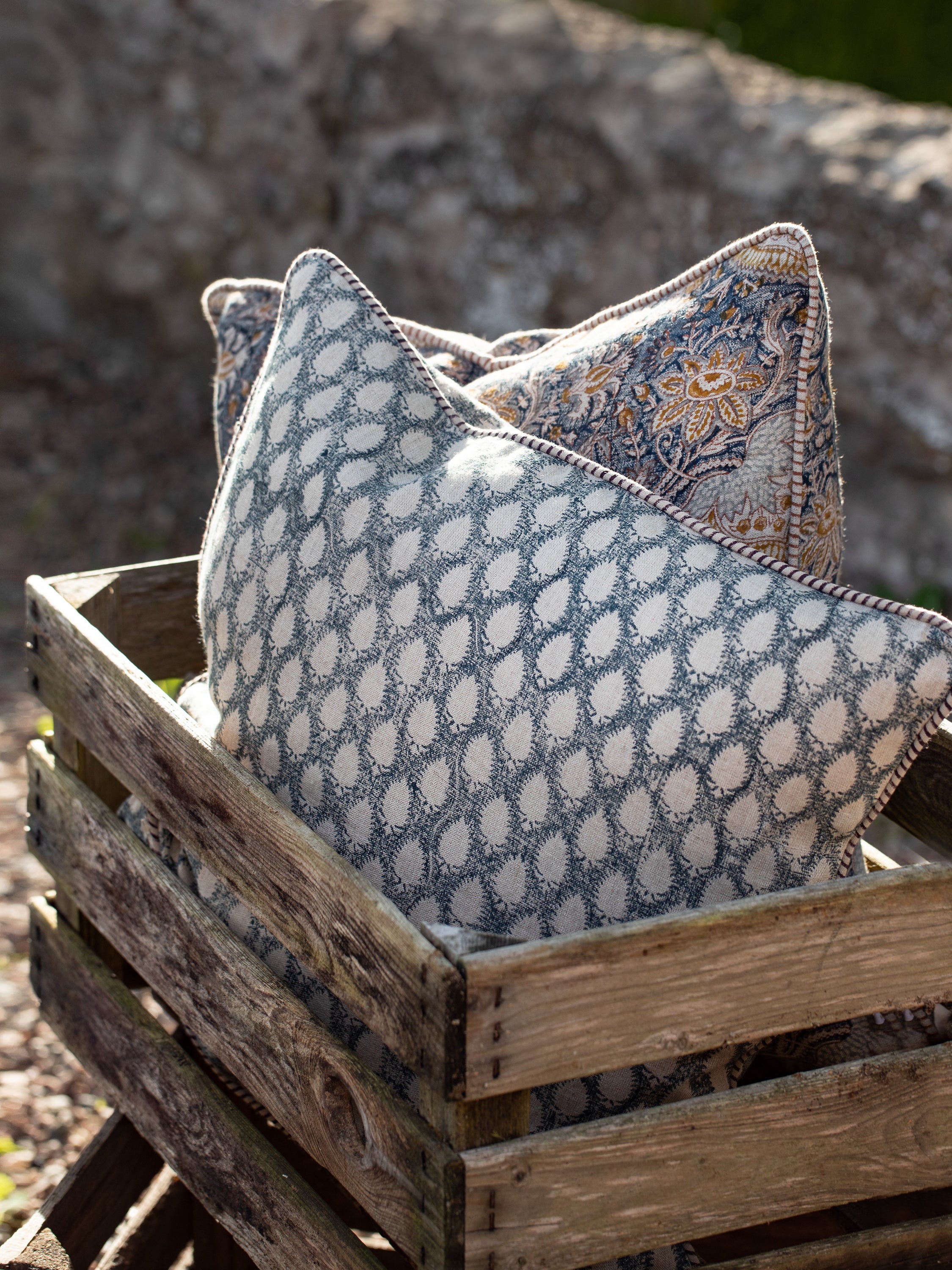 Linen cushion with Cypress print in Navy Blue