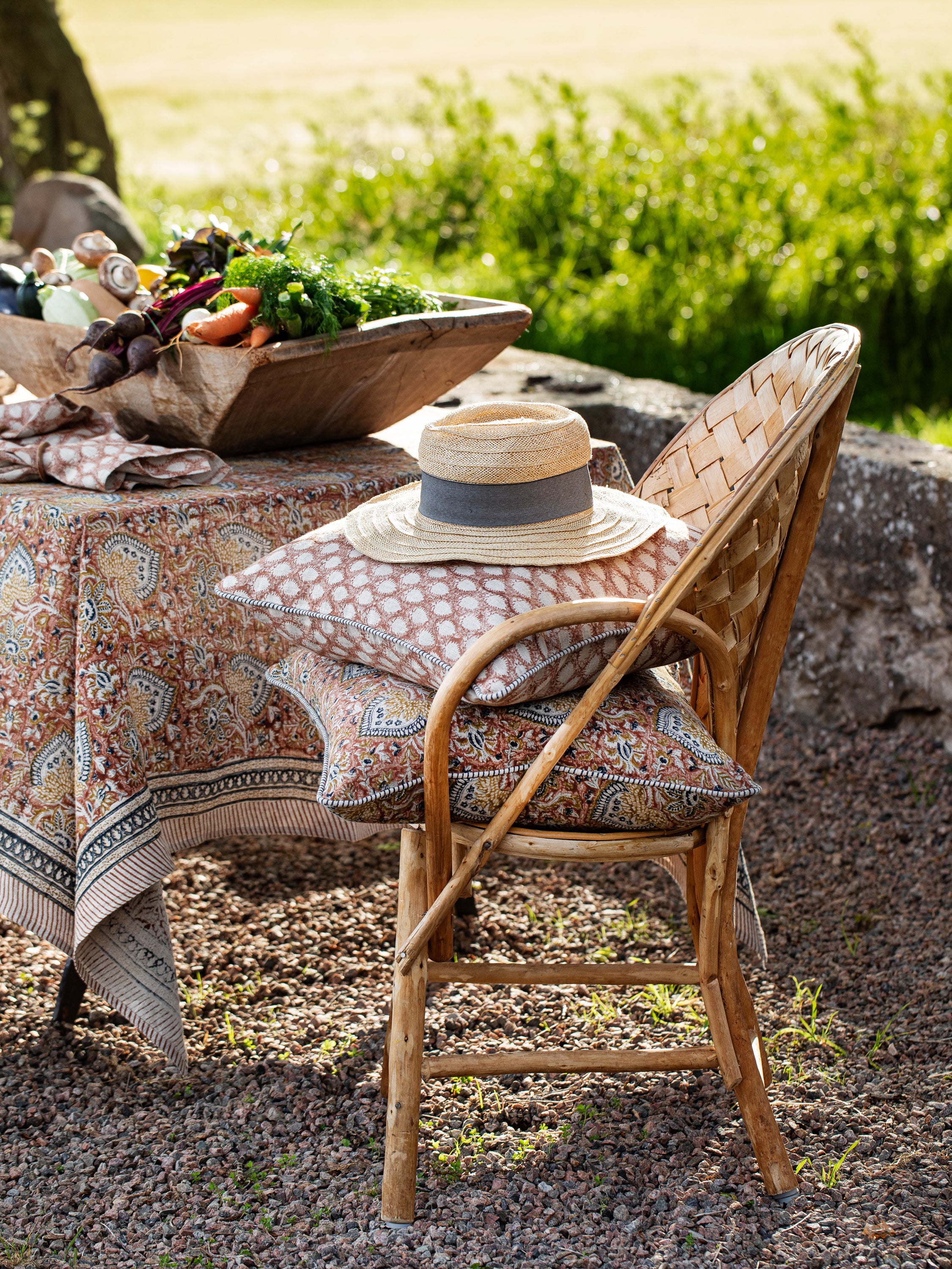 Linen cushion with Oriental print in Mustard