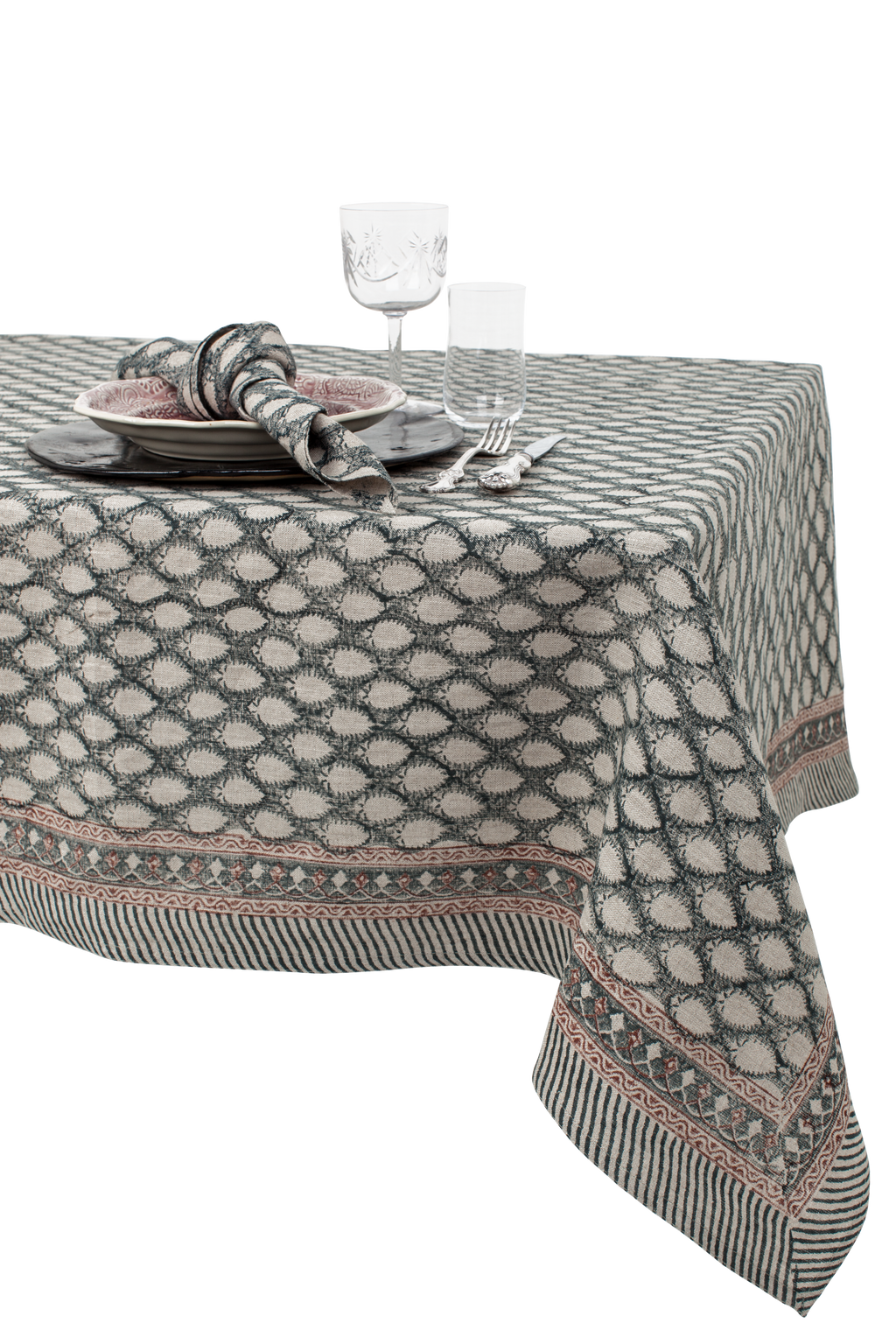 Linen tablecloth with Cypress print in Navy Blue