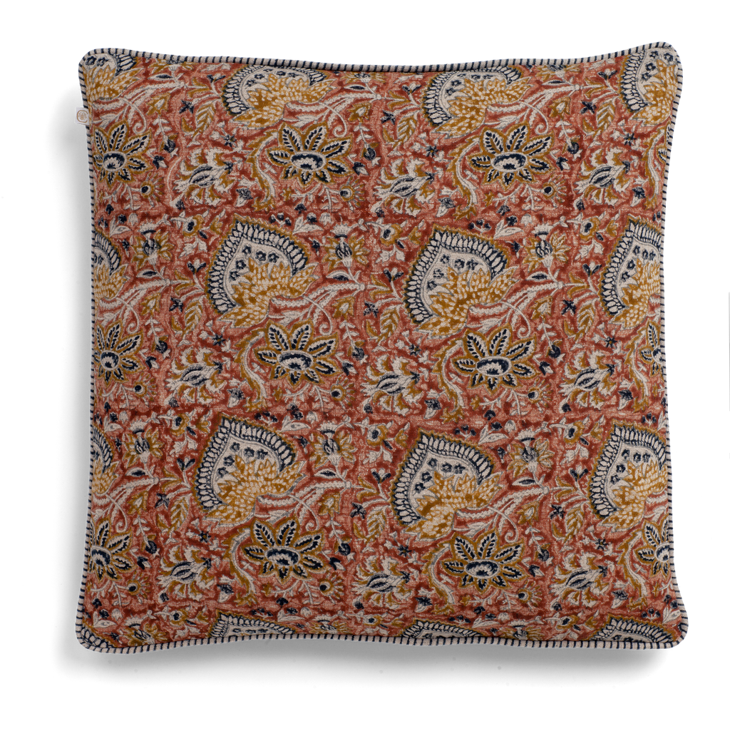 Linen cushion with Oriental print in Mustard