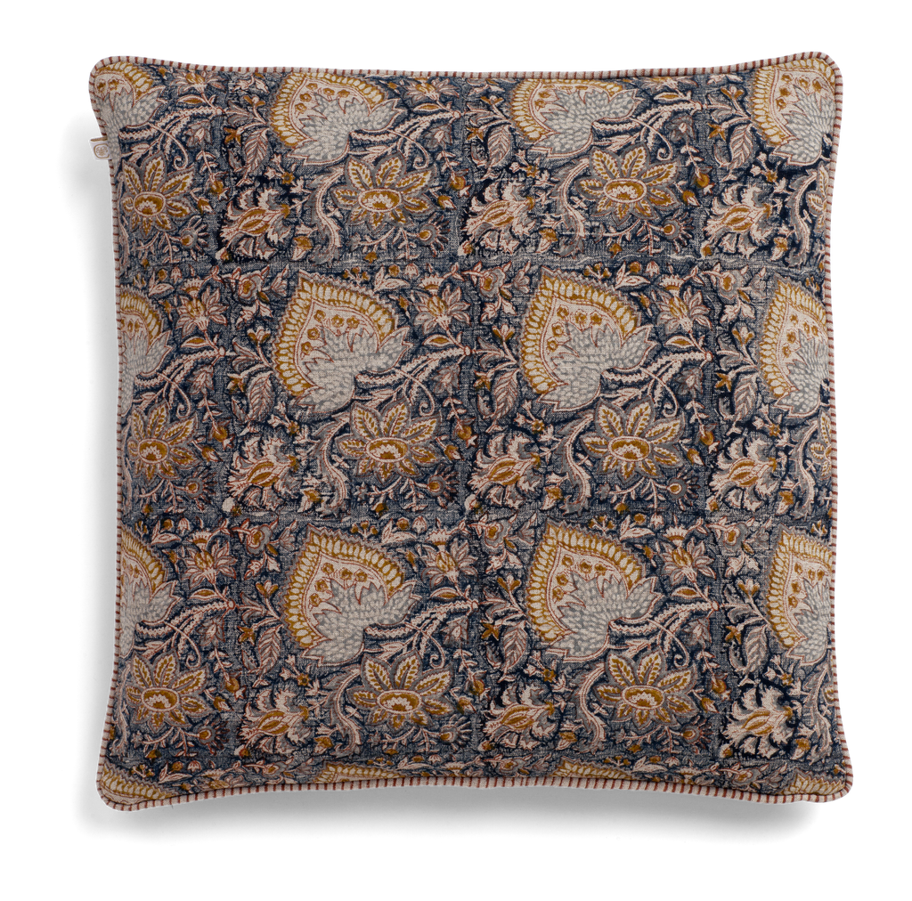 Linen cushion with Oriental print in Navy Blue