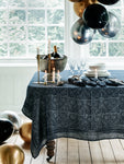 Dark Blue linen tablecloth with Silver print