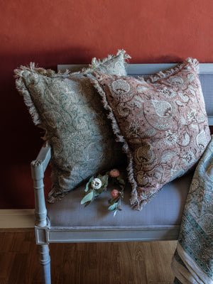 Linen cushion with Pomegranate print in Rust