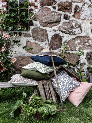 Linen cushion with Floral print in Sea Blue